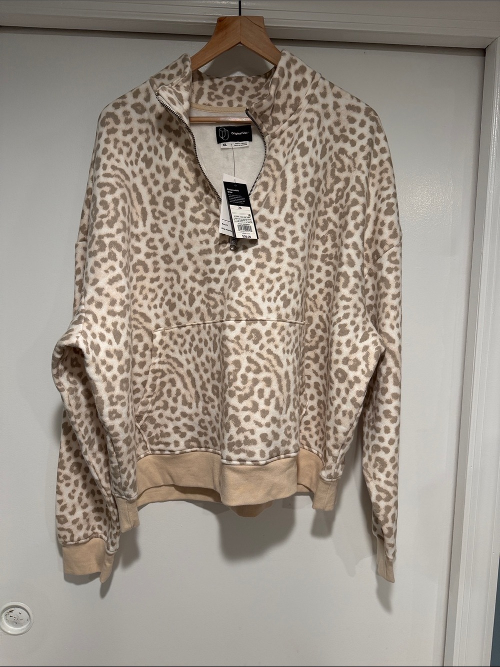 Original Use Leopard-Print Quarter-Zip Pullover in Beige and Cream